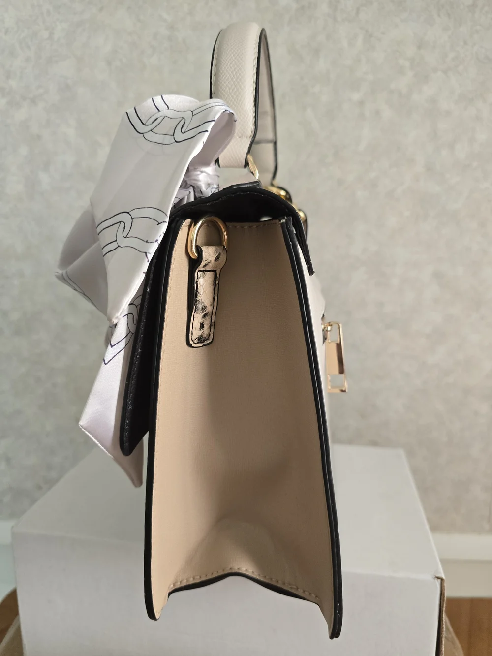 Aldo Beige and Snake-Print Top Handle Satchel with Gold Chain